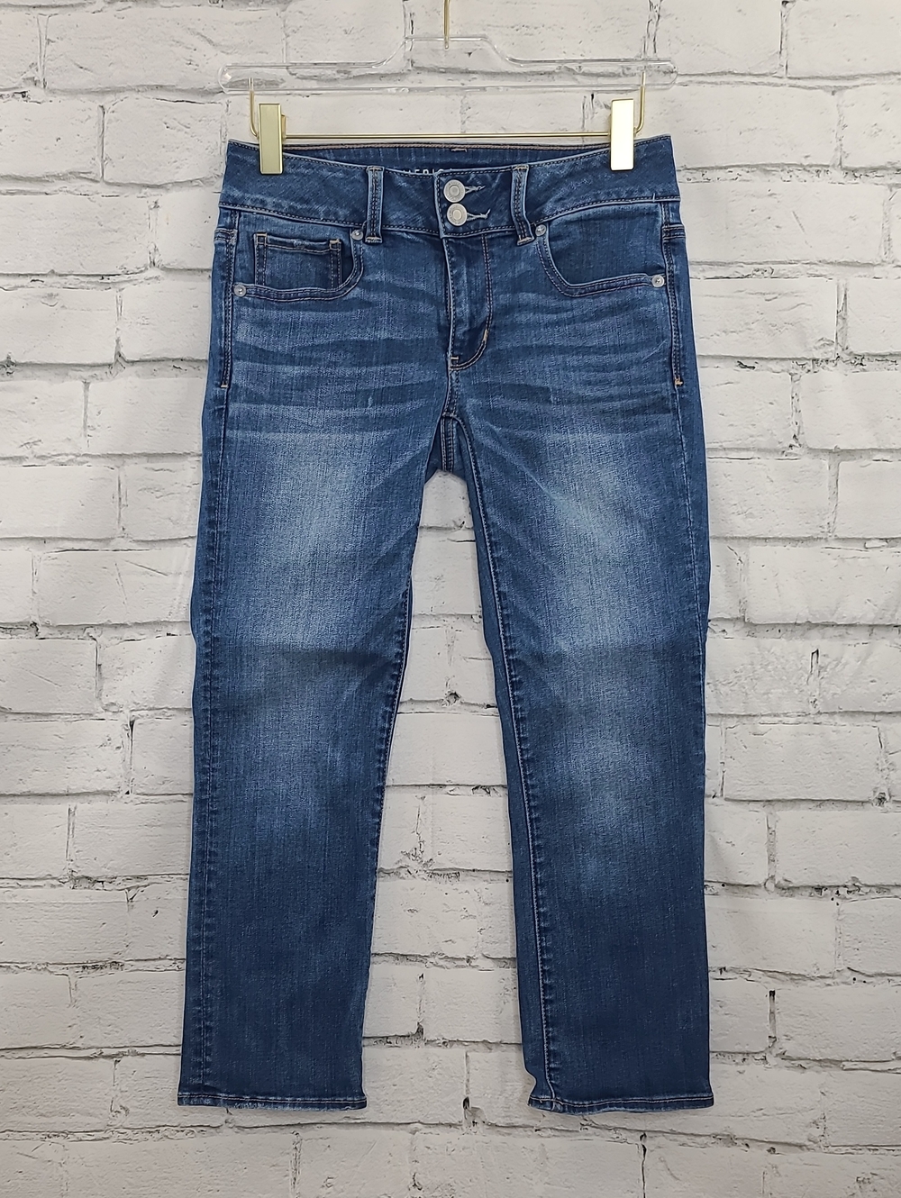AE Next Level Artist Stretch Cotton Denim Low Rise Straight Crop Leg Jean Blue - Picture 8 of 17